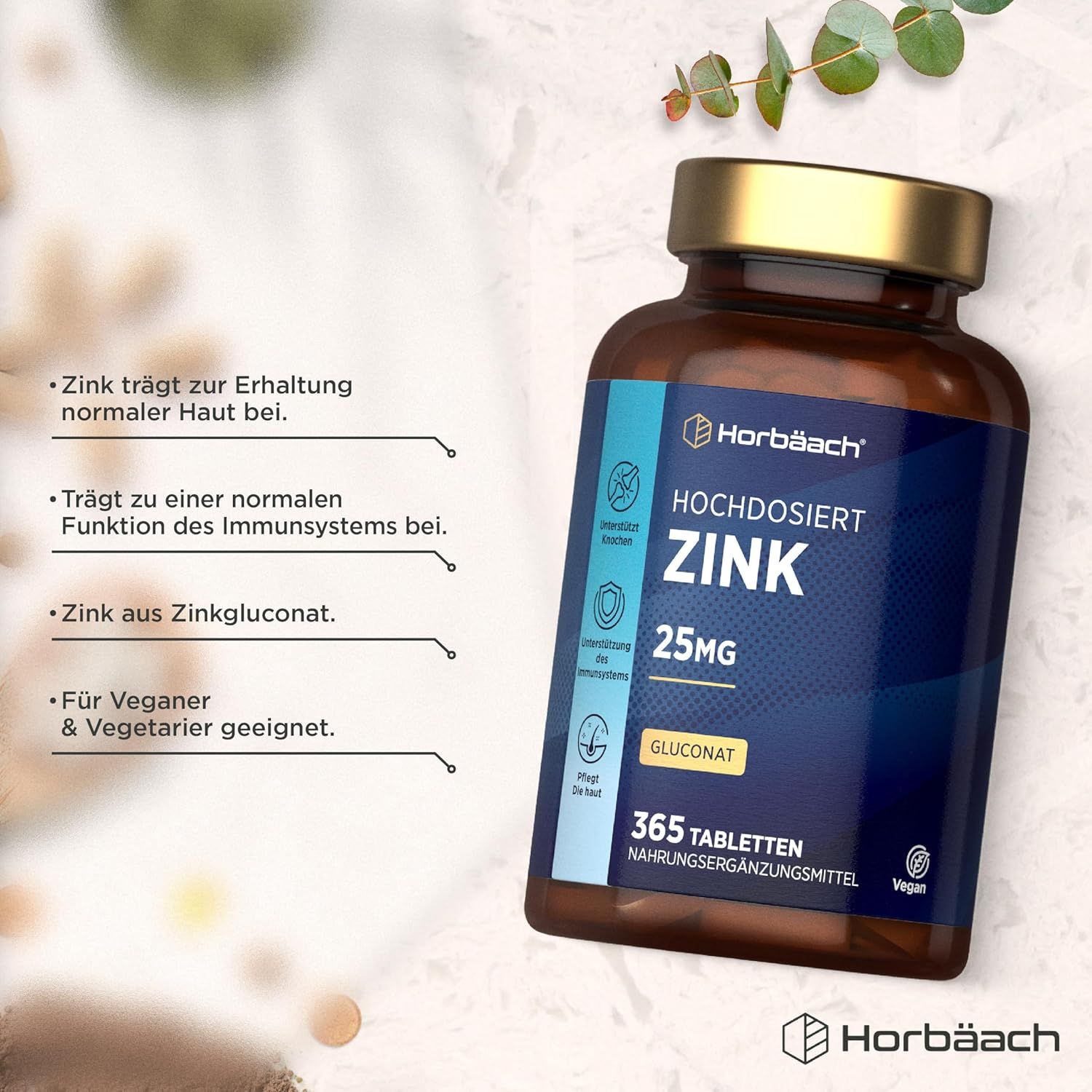 Flacone di compresse di zinco Horbaach ad alta dose. 25mg zinco. Gluconato di zinco. Per vegani. Per pelle, sistema immunitario. 365 compresse.