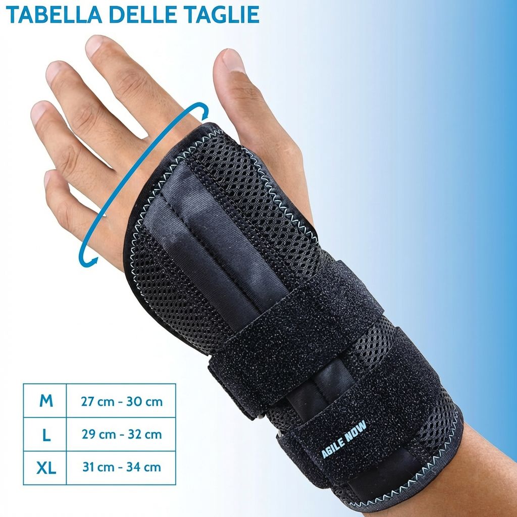 Tutore per polso su un polso. Nero, con velcro. Taglie: M, L, XL. Testo: AGILE NOW. Indicazione taglie.
