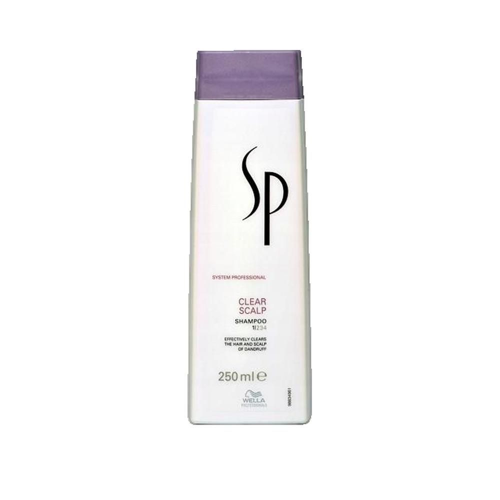 Flacone di shampoo bianco con tappo viola. Logo SP e scritta CLEAR SCALP SHAMPOO. 250 ml. Logo Wella.