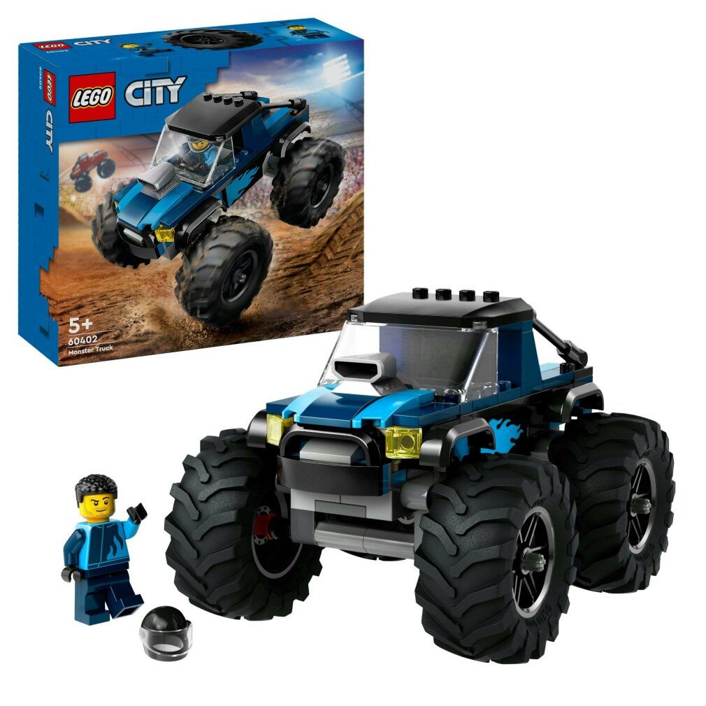 Monster truck LEGO City blu, 5+. Confezione e camion. Include un personaggio e un casco. Pneumatici neri, fari gialli.