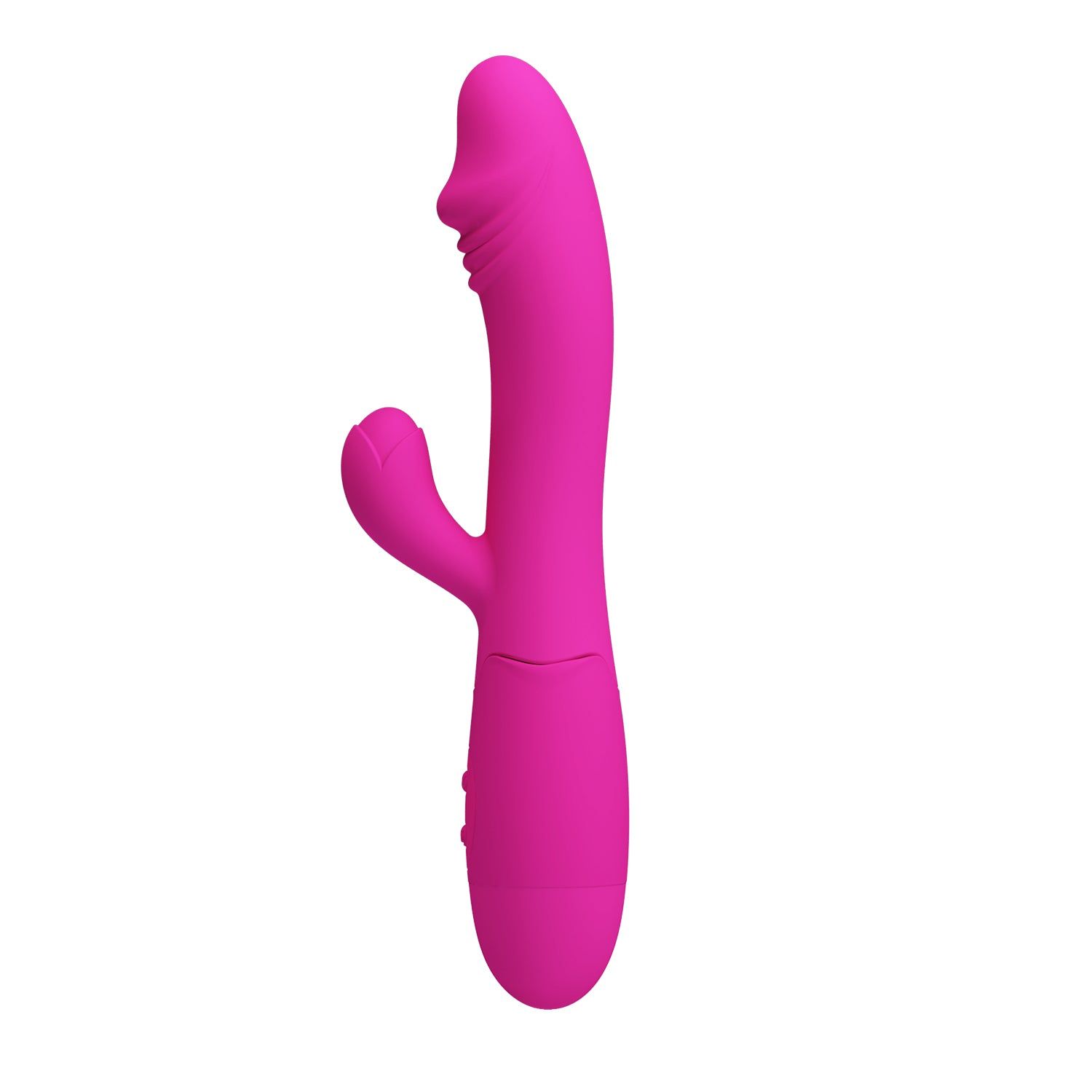 Vibratore rosa con forma curva e due pulsanti. Presenta una parte curva e un elemento laterale più piccolo.