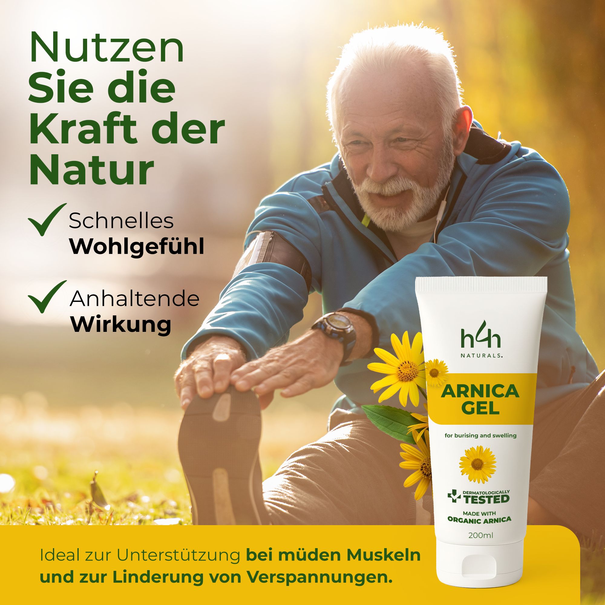 Tubo di gel all'arnica h4h Naturals. Uomo che si allunga. Testo: Benessere rapido, effetto duraturo. Gel.