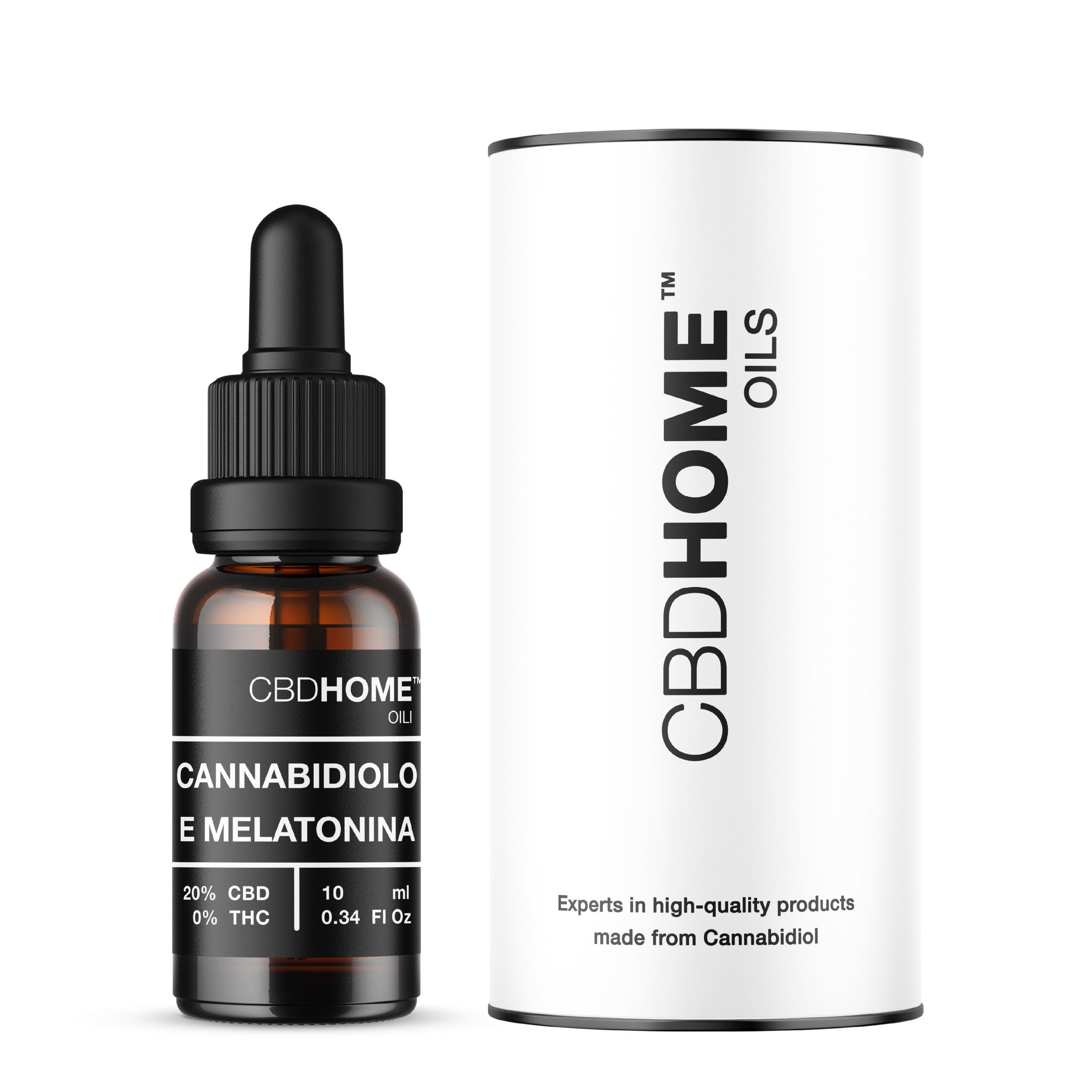 Flacone di olio CBD con contagocce e confezione cilindrica. Contiene 20% CBD e melatonina.
