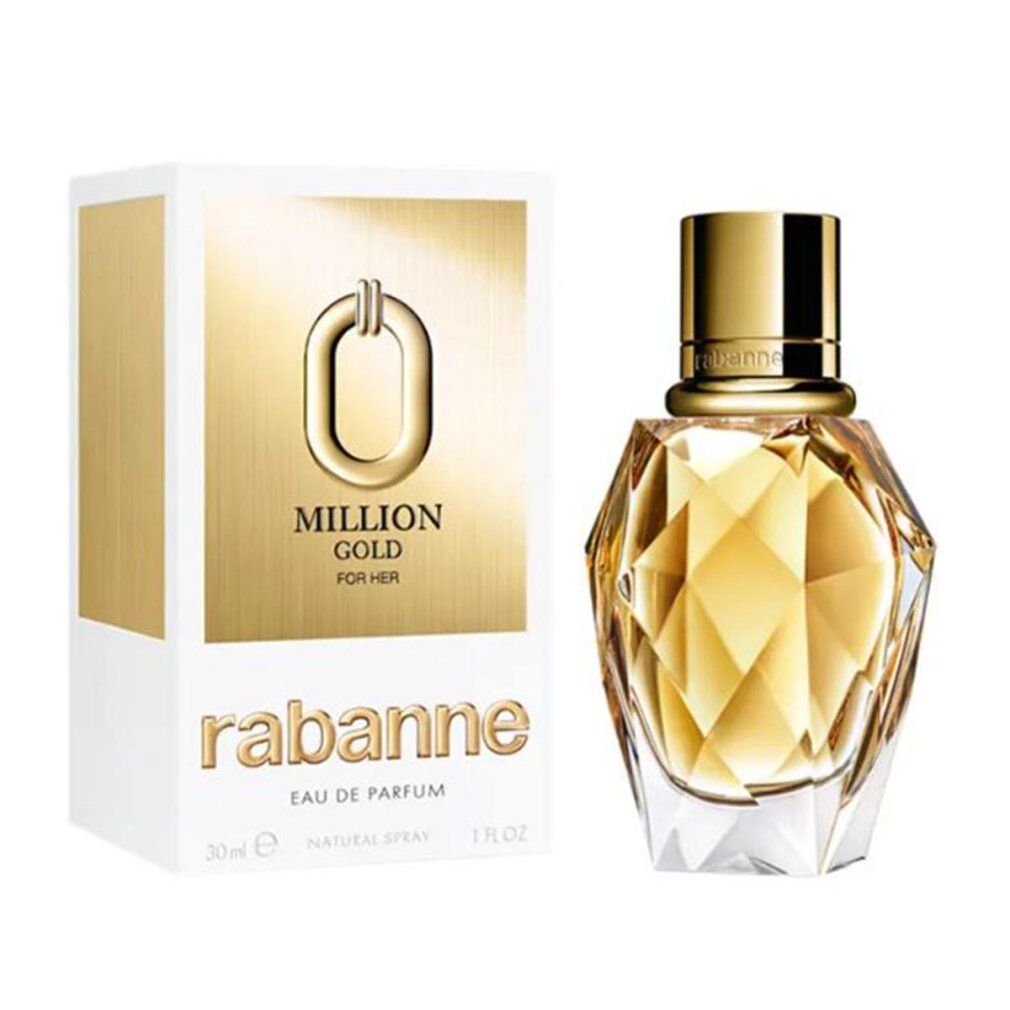Flacone dorato con tappo dorato e confezione bianca. Scritta: Million Gold for Her, Rabanne Eau de Parfum.