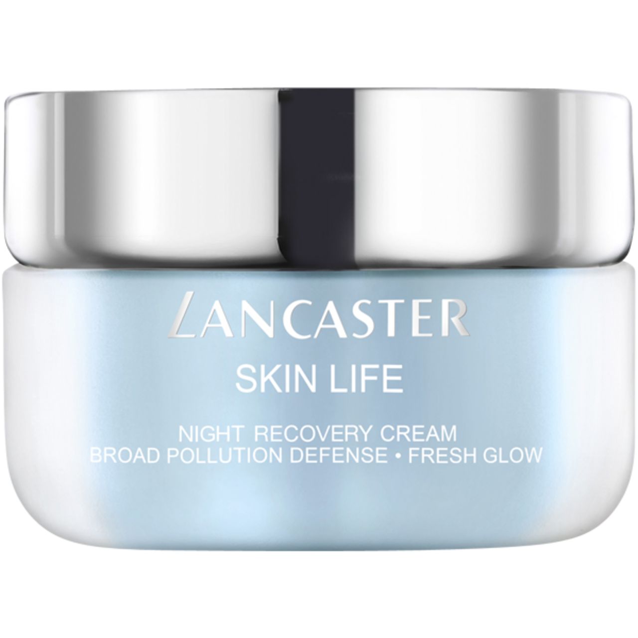 Vaso di crema con coperchio argentato. Scritta: Lancaster Skin Life Night Recovery Cream.