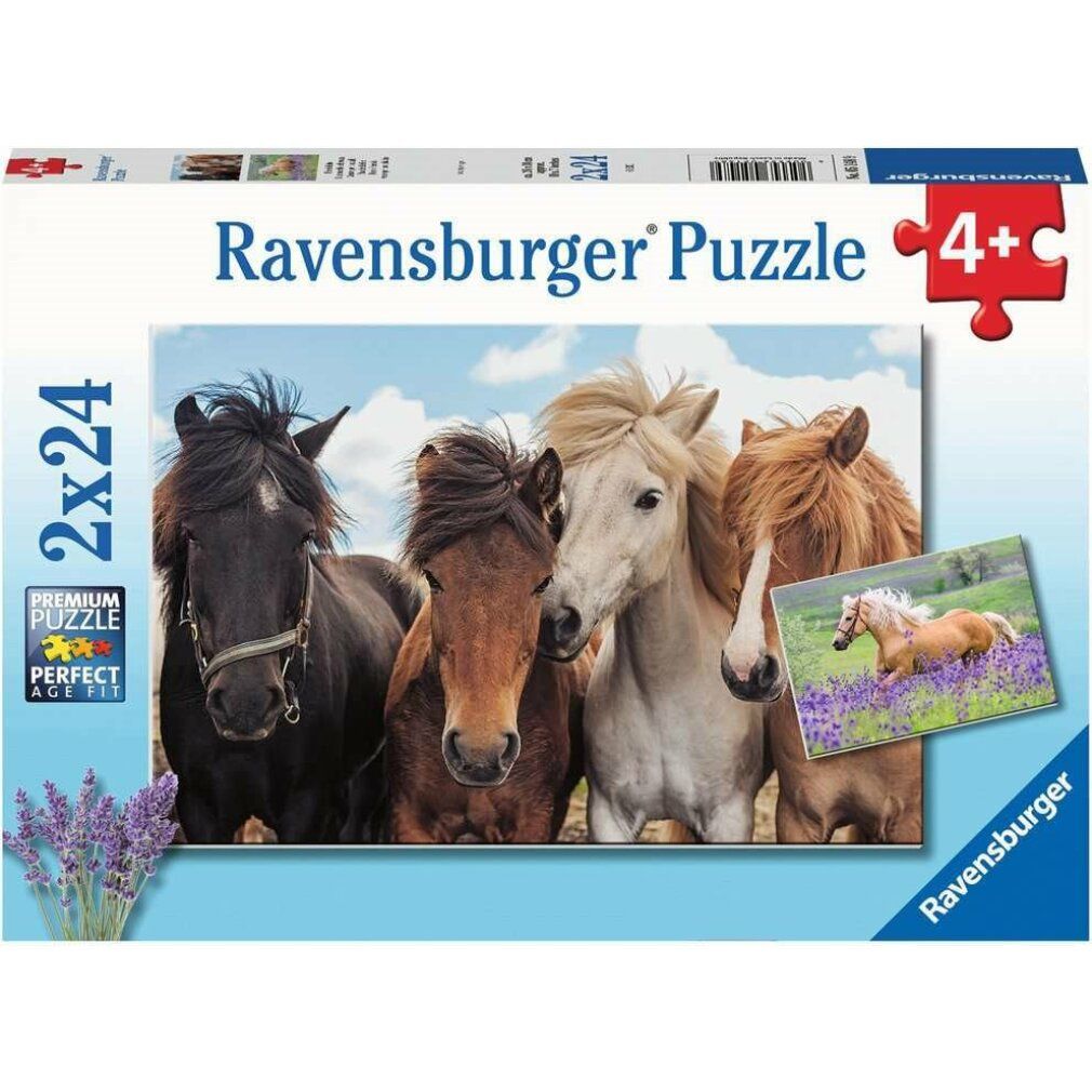 Scatola puzzle Ravensburger, 2x24 pezzi, cavalli. Consigliato dai 4 anni in su. Immagine di quattro cavalli e una piccola immagine.