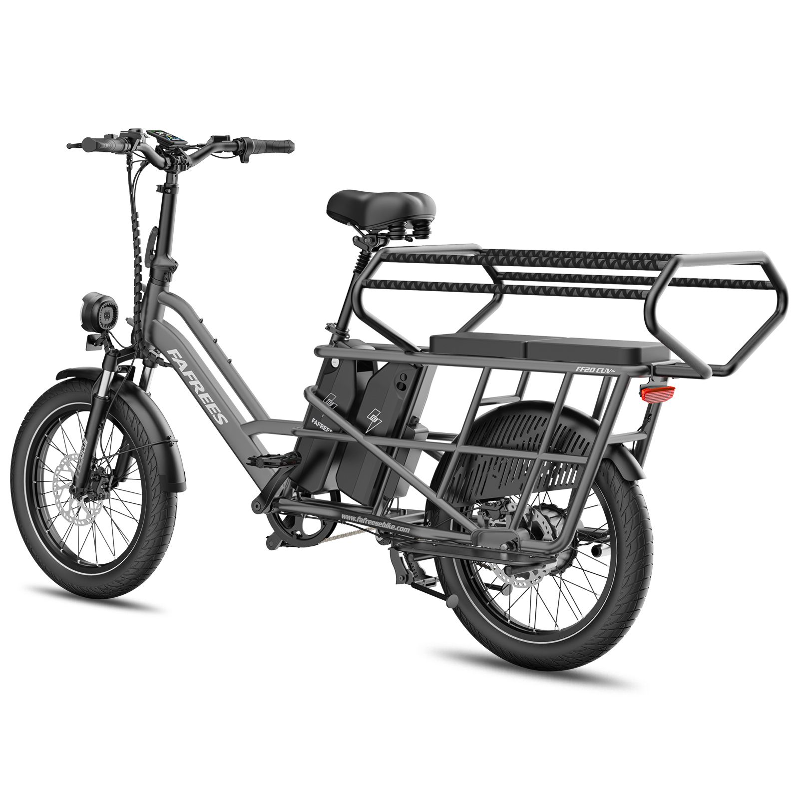 Bici elettrica grigia con ampio portapacchi anteriore e posteriore, due batterie.