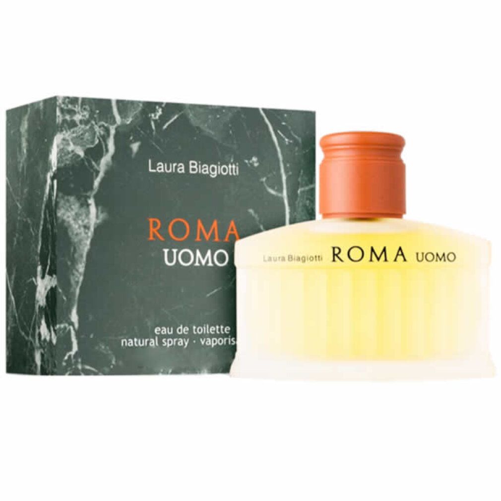 Flacone di profumo e scatola. Flacone con tappo marrone e liquido giallo. Scatola con scritta ROMA UOMO.