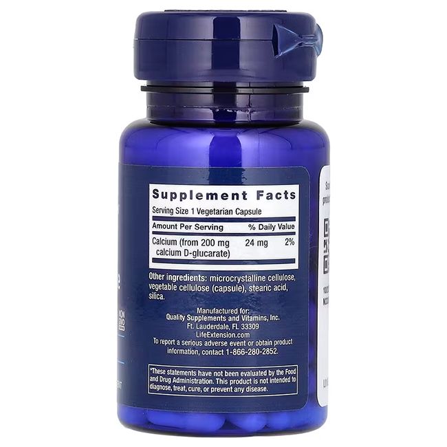 Retro di una bottiglia Life Extension Calcium D-Glucarat con informazioni nutrizionali e ingredienti.