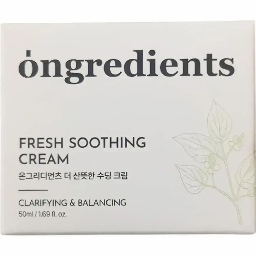 Scatola bianca con scritta: ōngredients, Fresh Soothing Cream. Testo in coreano. Clarifying & Balancing. 50ml/1.69 fl. oz. Illustrazione.