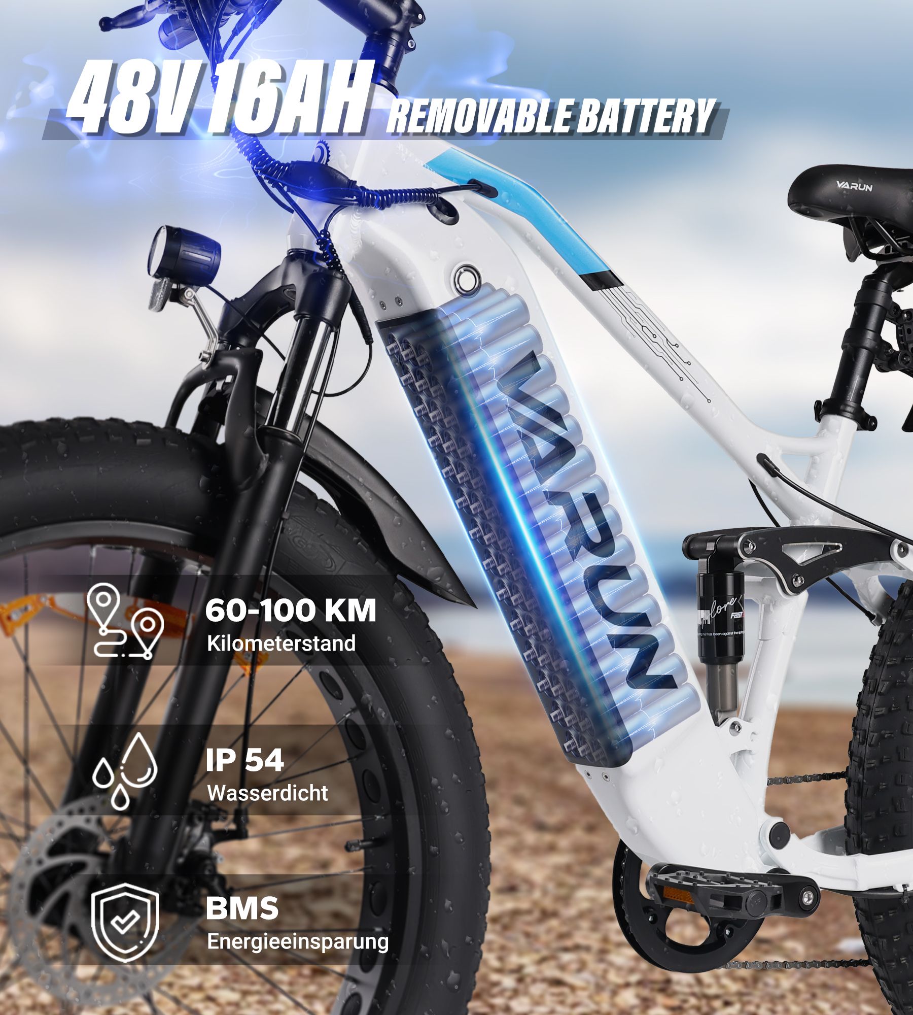 E-bike con batteria 48V 16Ah rimovibile. Autonomia 60-100 km, IP54 impermeabile, BMS risparmio energetico. Logo VARUN.