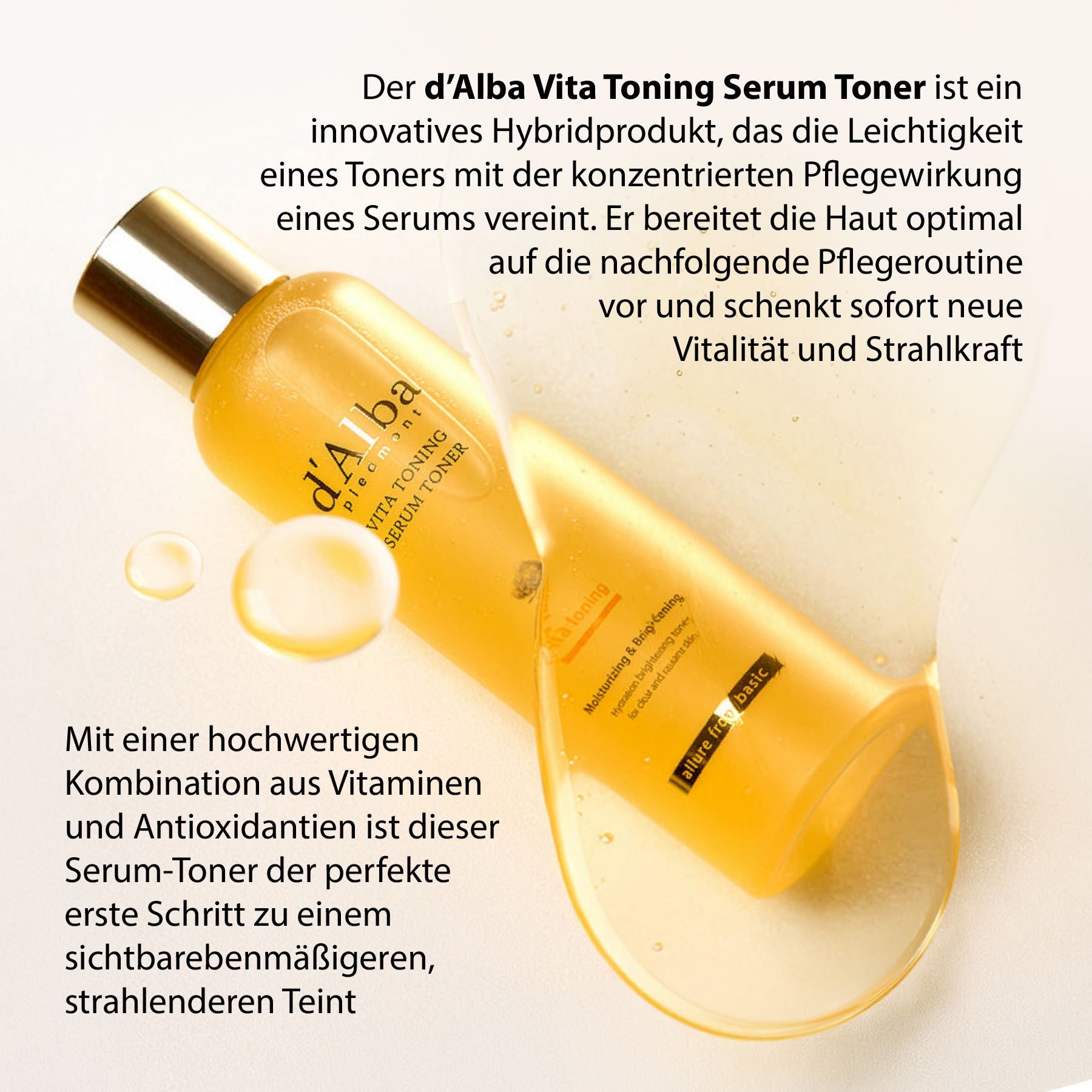 Bottiglia gialla con d'Alba Vita Toning Serum Toner. Testo: Il d'Alba Vita Toning Serum Toner è un prodotto ibrido innovativo.