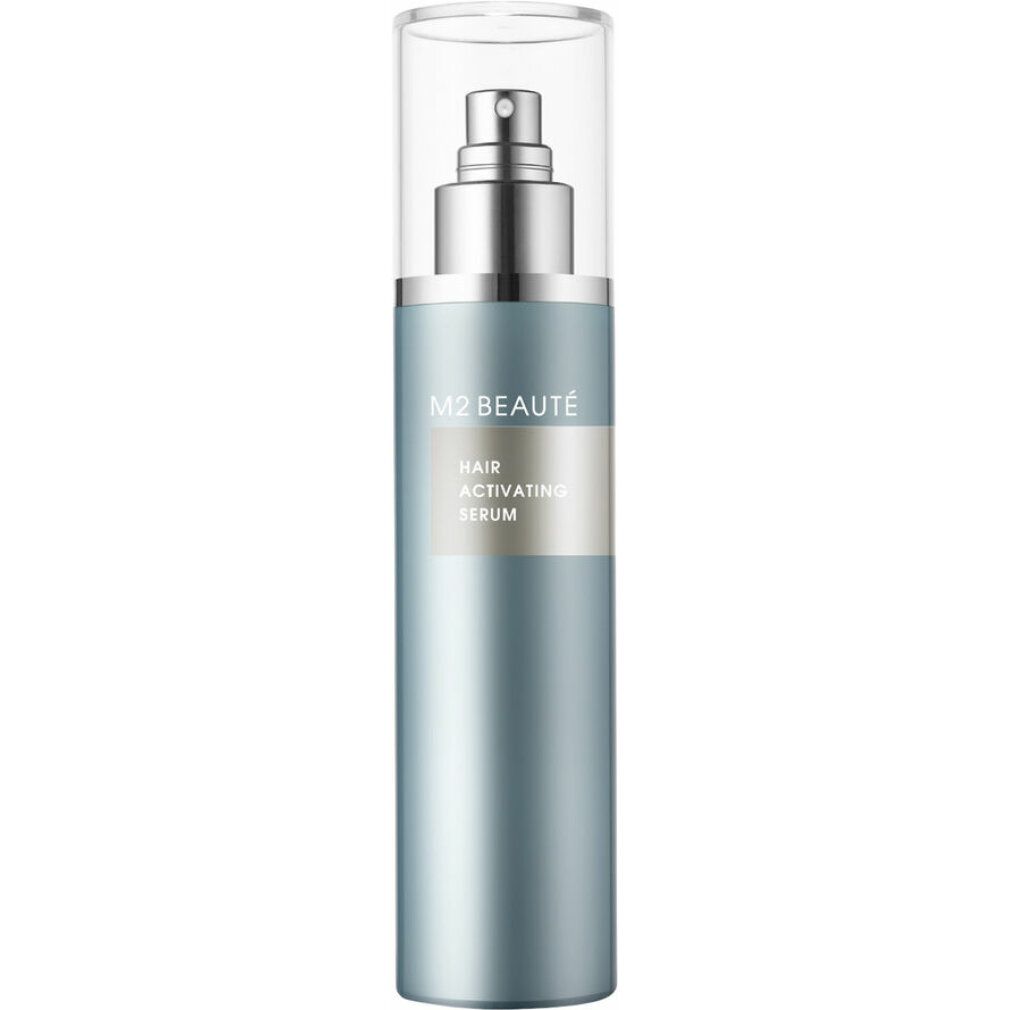 Flacone blu-argento con vaporizzatore. Scritta: M2 Beauté, Hair Activating Serum.