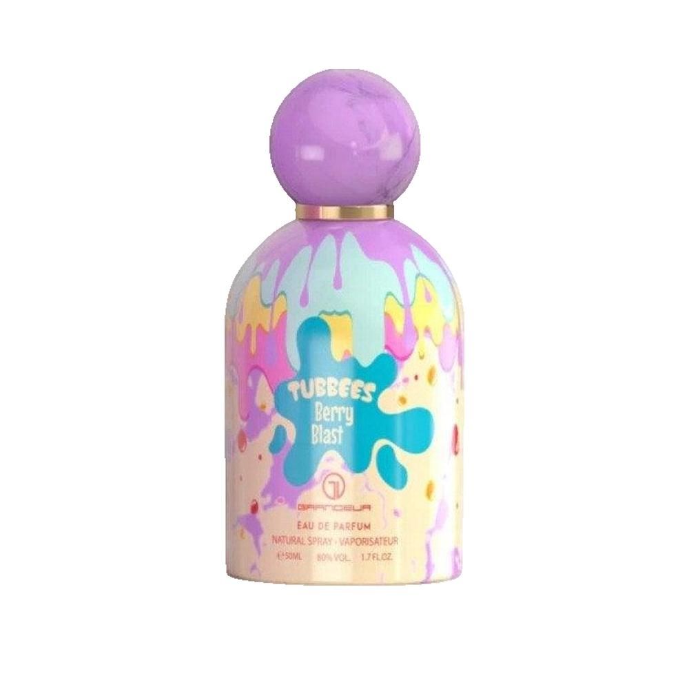 Flacone di profumo con tappo a sfera viola. Scritta: Tubbees Berry Blast. Decorazione colorata a gocce. Collo dorato.