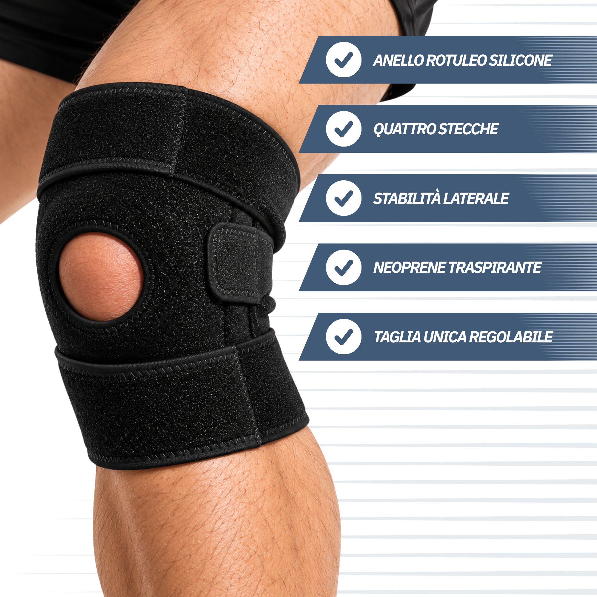 Ginocchiera nera con anello in silicone, quattro stecche, stabilità laterale e neoprene traspirante.