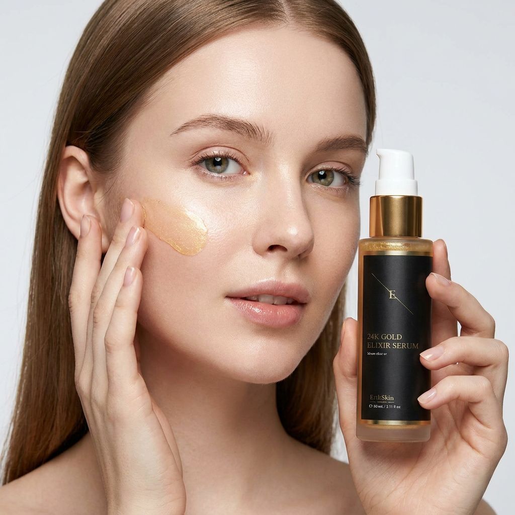 Donna che applica il siero elisir ErthSkin London 24K Gold sulla pelle.