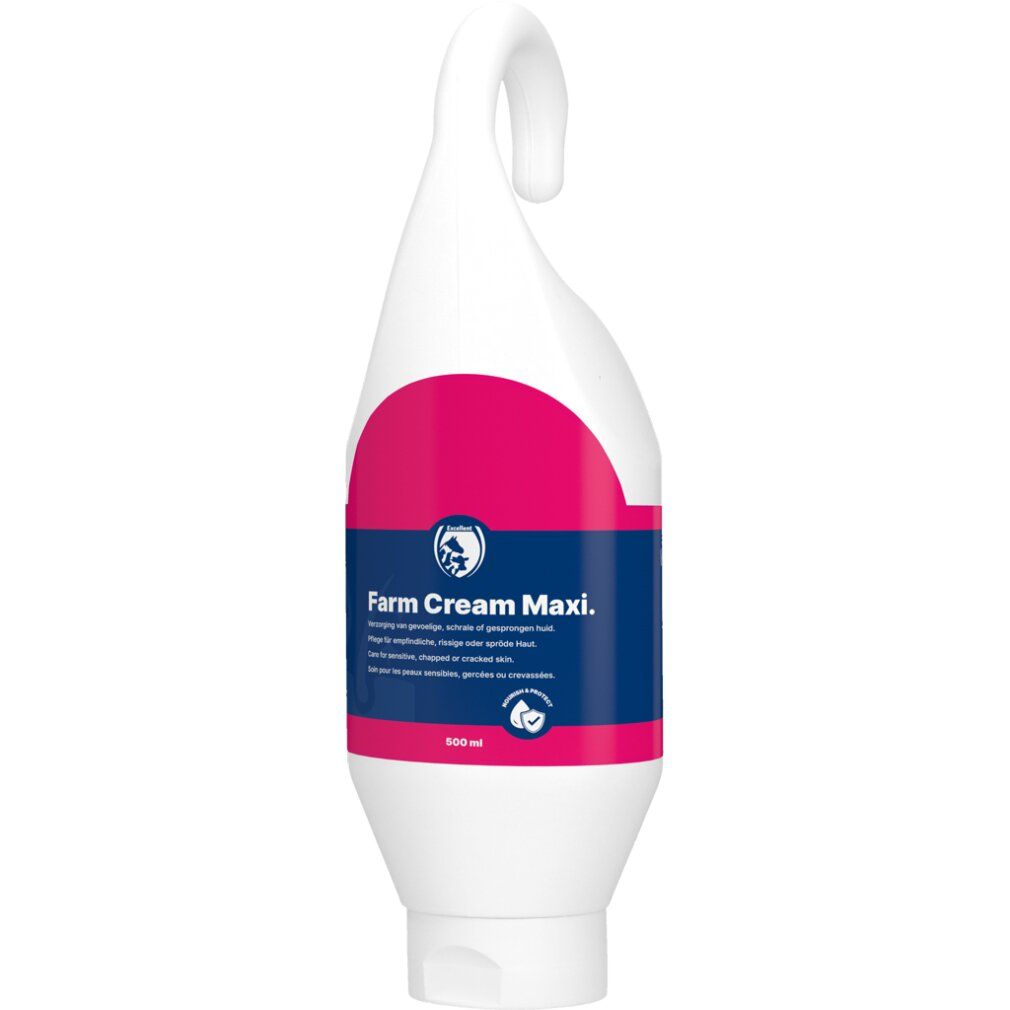 Flacone bianco con gancio. Scritta: Farm Cream Maxi. Logo rosa. Prodotto per pelli sensibili. 500 ml.