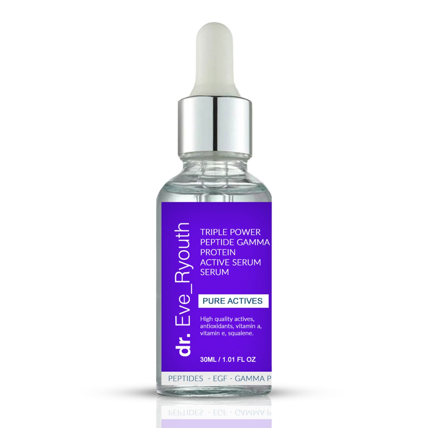 Siero Dr. Eve Ryouth: flacone in vetro con contagocce, etichetta viola Peptide Gamma Protein.
