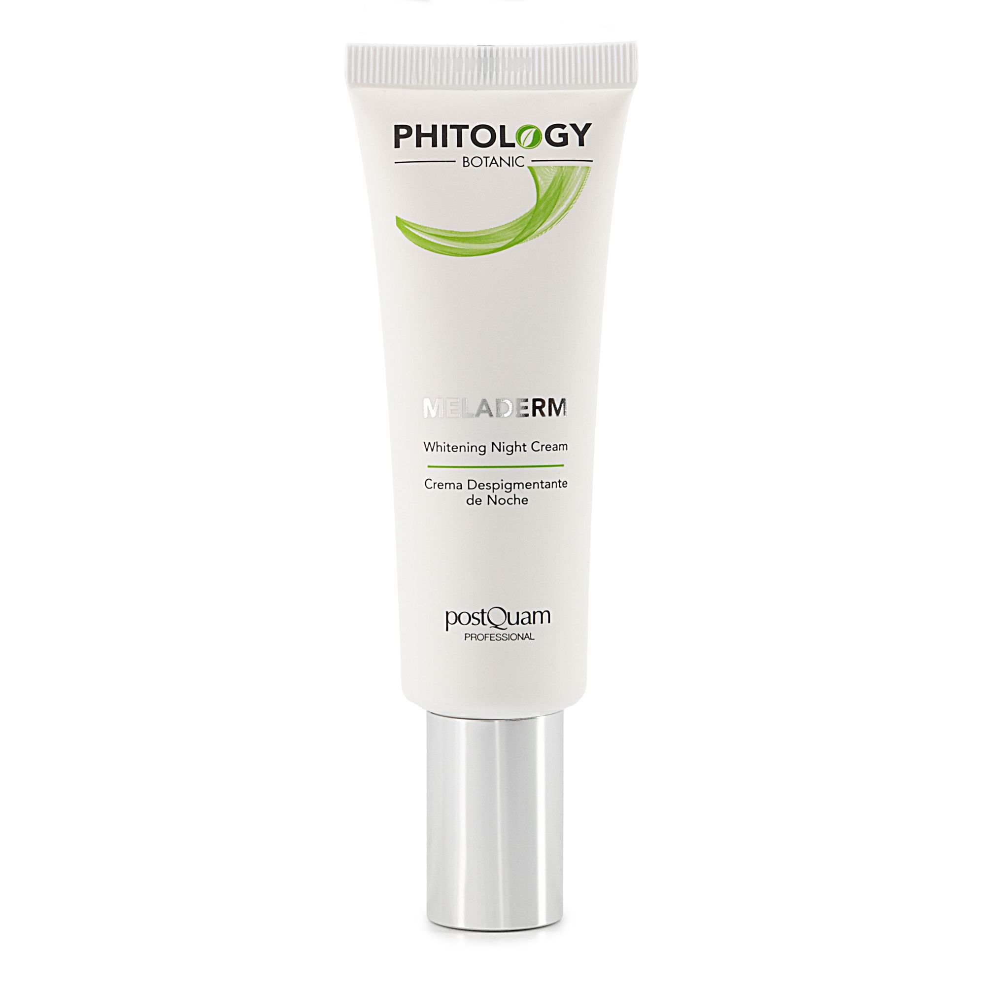 Tubo bianco con tappo argentato. Scritta: PHITOLOGY BOTANIC, MELADERM, Whitening Night Cream, postQuam PROFESSIONAL.