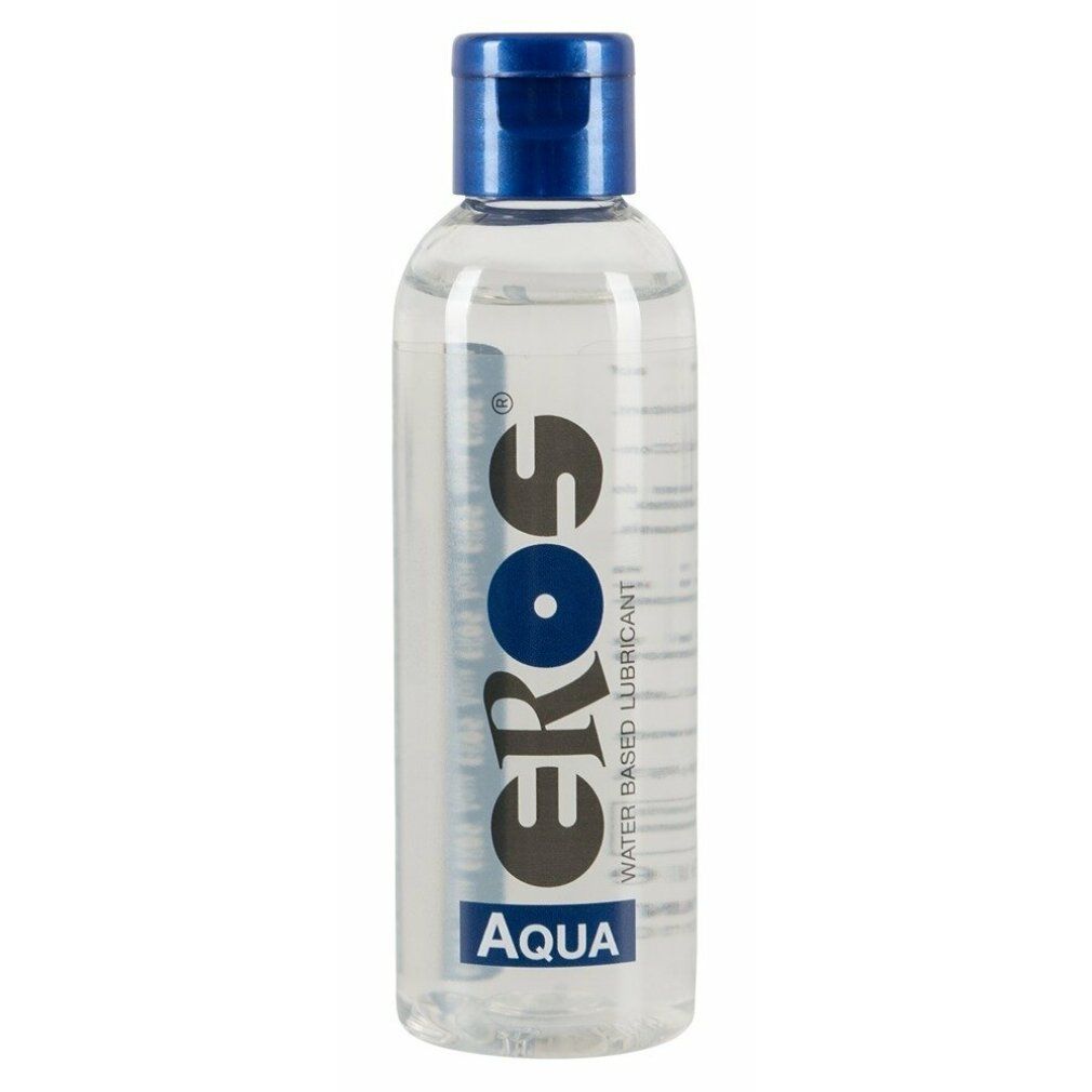 Flacone trasparente con tappo blu. Scritta: EROS AQUA. Lubrificante a base d'acqua.