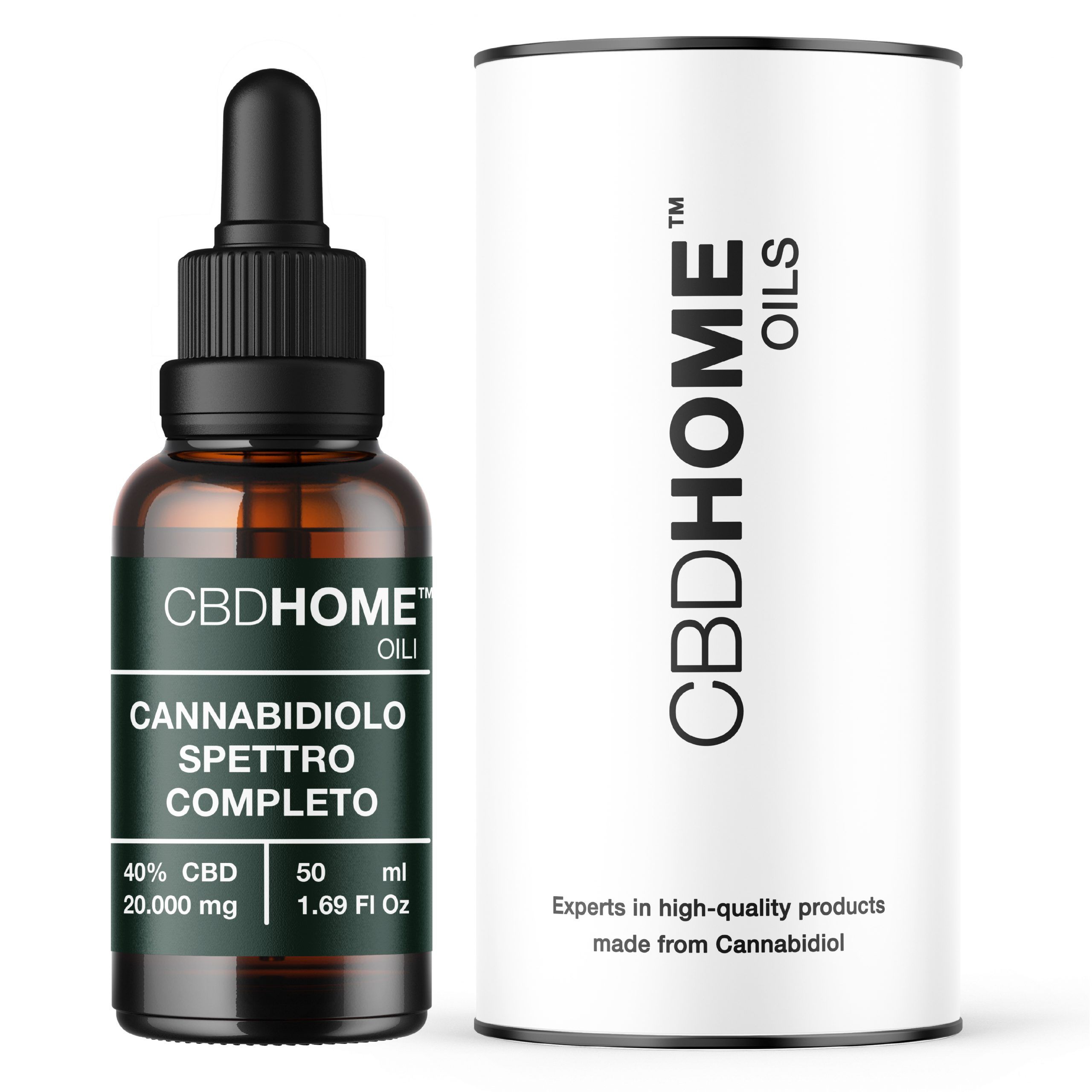 Flacone di olio CBDHOME a spettro completo con contagocce e confezione esterna.