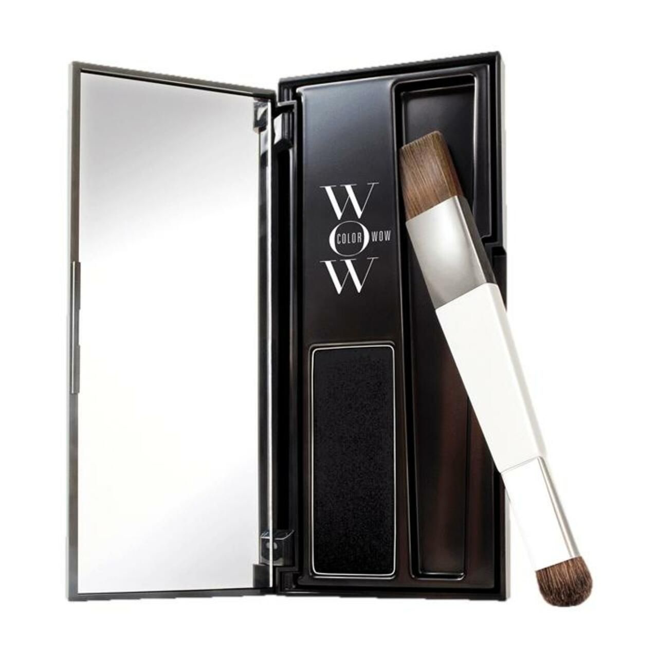 Astuccio nero Color Wow Root Cover Up con specchio e pennello. Contiene il prodotto e l'applicatore. Vista aperta.