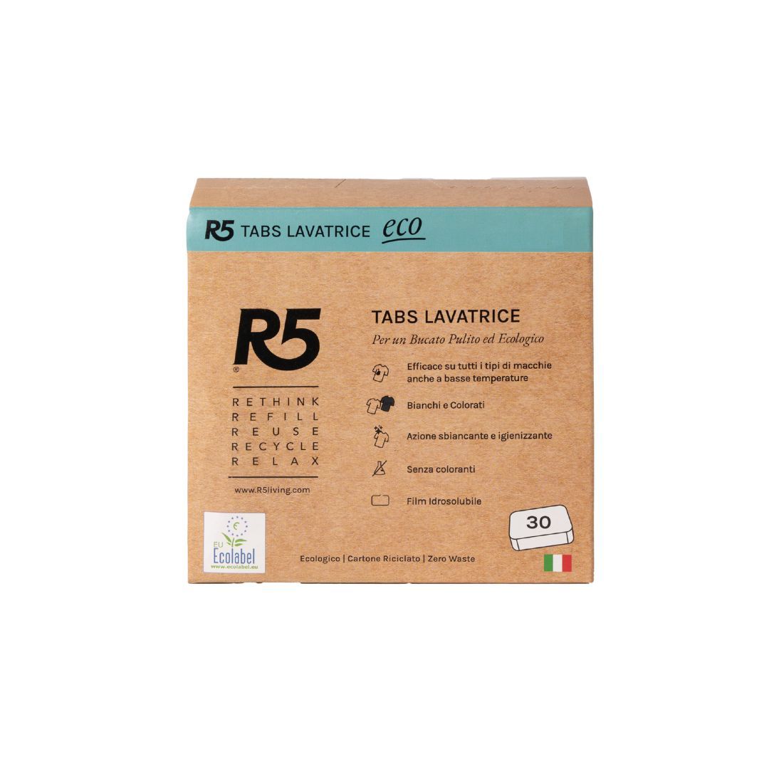 R5 Eco Tabs Lavatrice 30 Pastiglie, Tensioattivi Vegetali, Senza Coloranti, Ecolabel