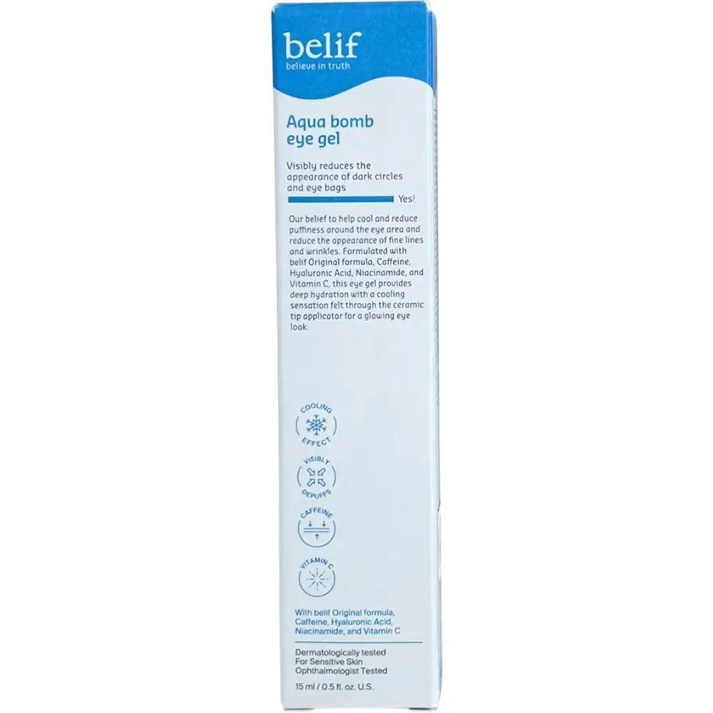 Retro della confezione Belif Aqua Bomb Eye Gel con informazioni sul prodotto.