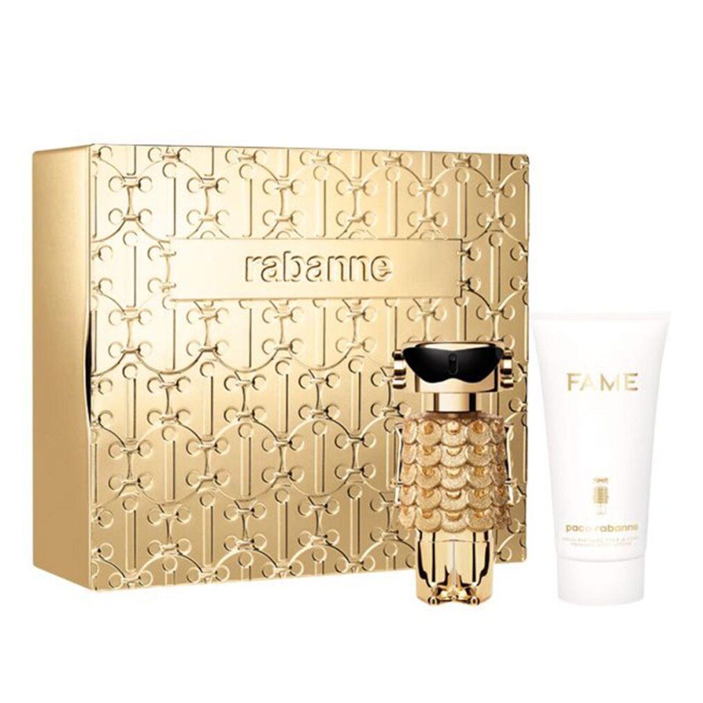 Confezione regalo dorata Rabanne con flacone di profumo Fame e tubo. Scritta "FAME".