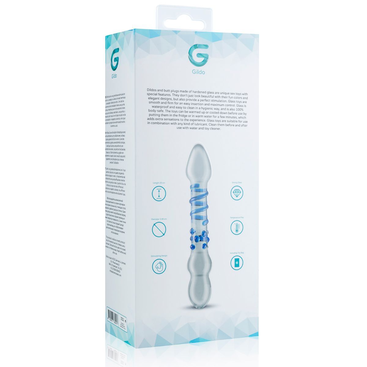 Retro della confezione del dildo di vetro. Testo e icone. Immagine del prodotto e logo. Informazioni sul prodotto.