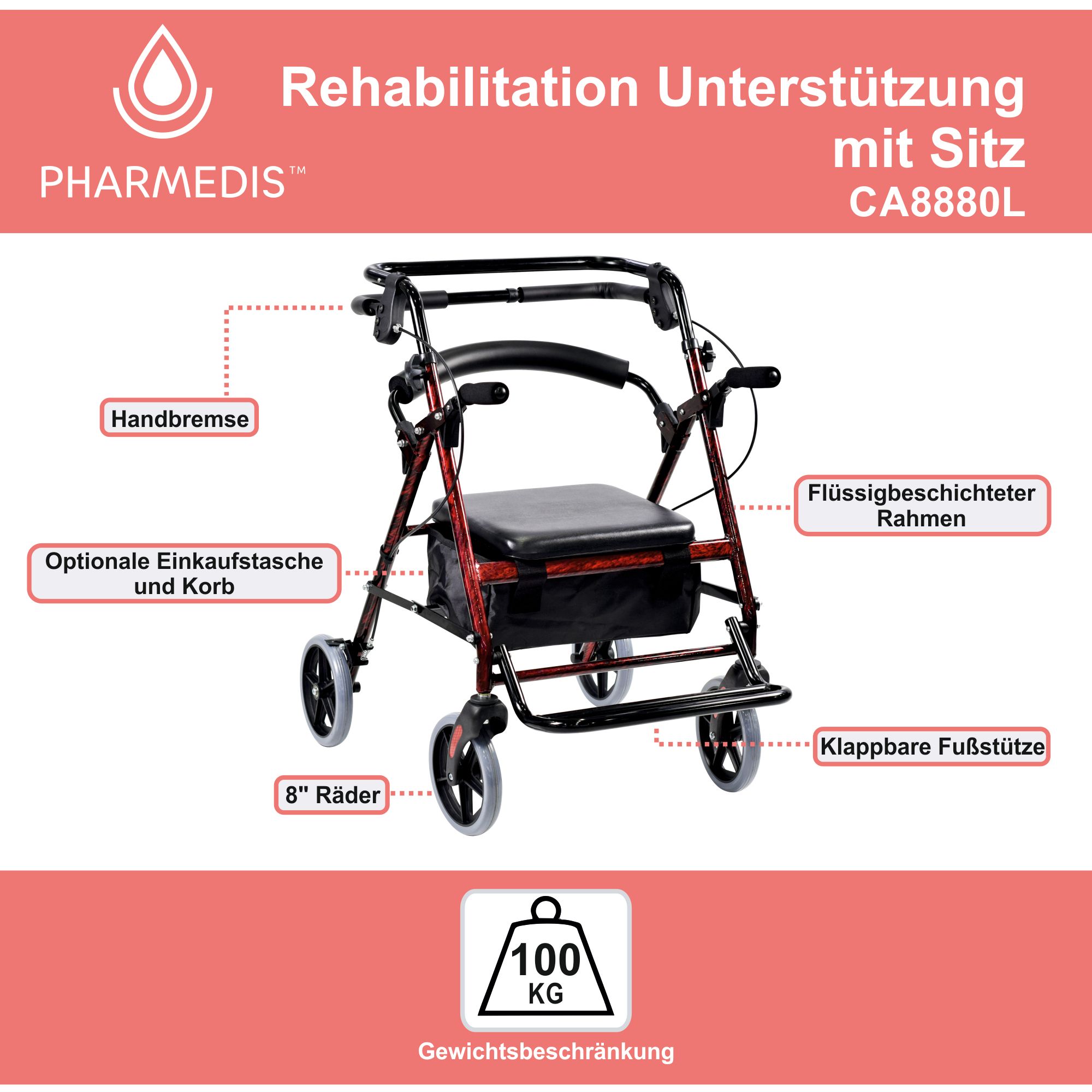 Rollator per riabilitazione con sedile e borsa Pharmedis