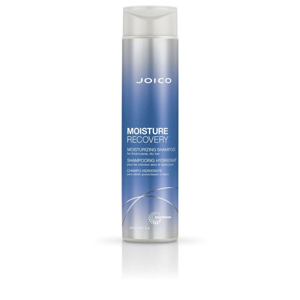 Flacone cilindrico con etichetta blu. Scritte: JOICO, MOISTURE RECOVERY, shampoo idratante.