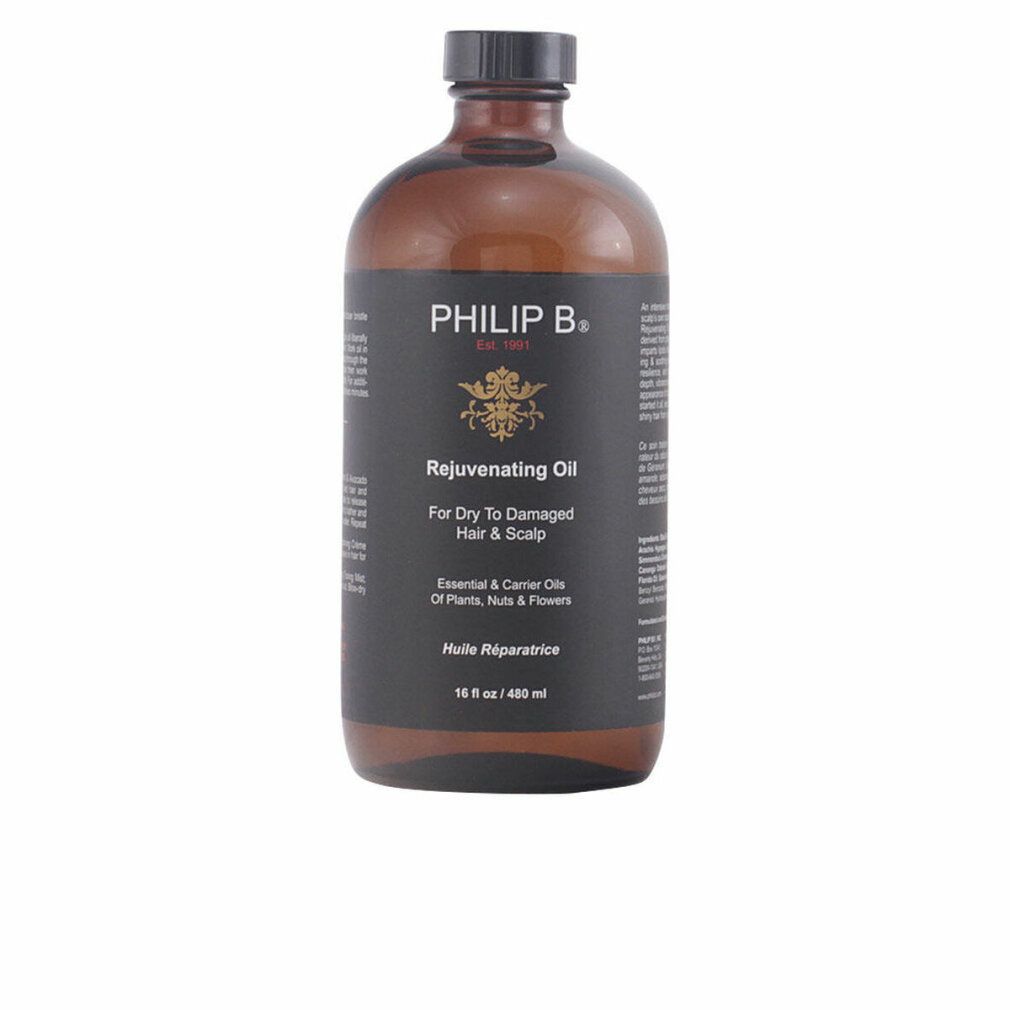Flacone di olio rivitalizzante Philip B. per capelli e cuoio capelluto secchi o danneggiati.
