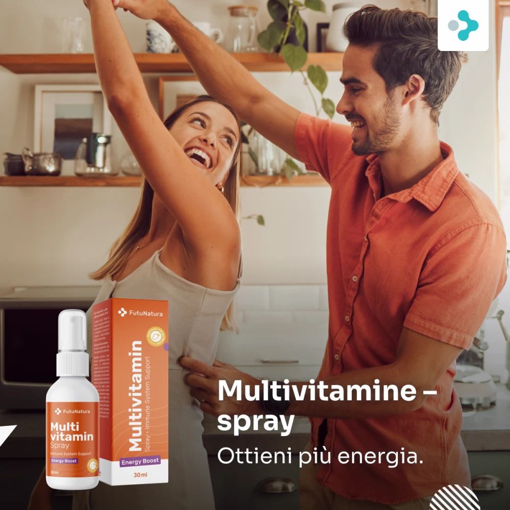 Spray Multivitaminico FutuNatura e confezione. Persone che ballano sullo sfondo. Confezione arancione con nome del prodotto.