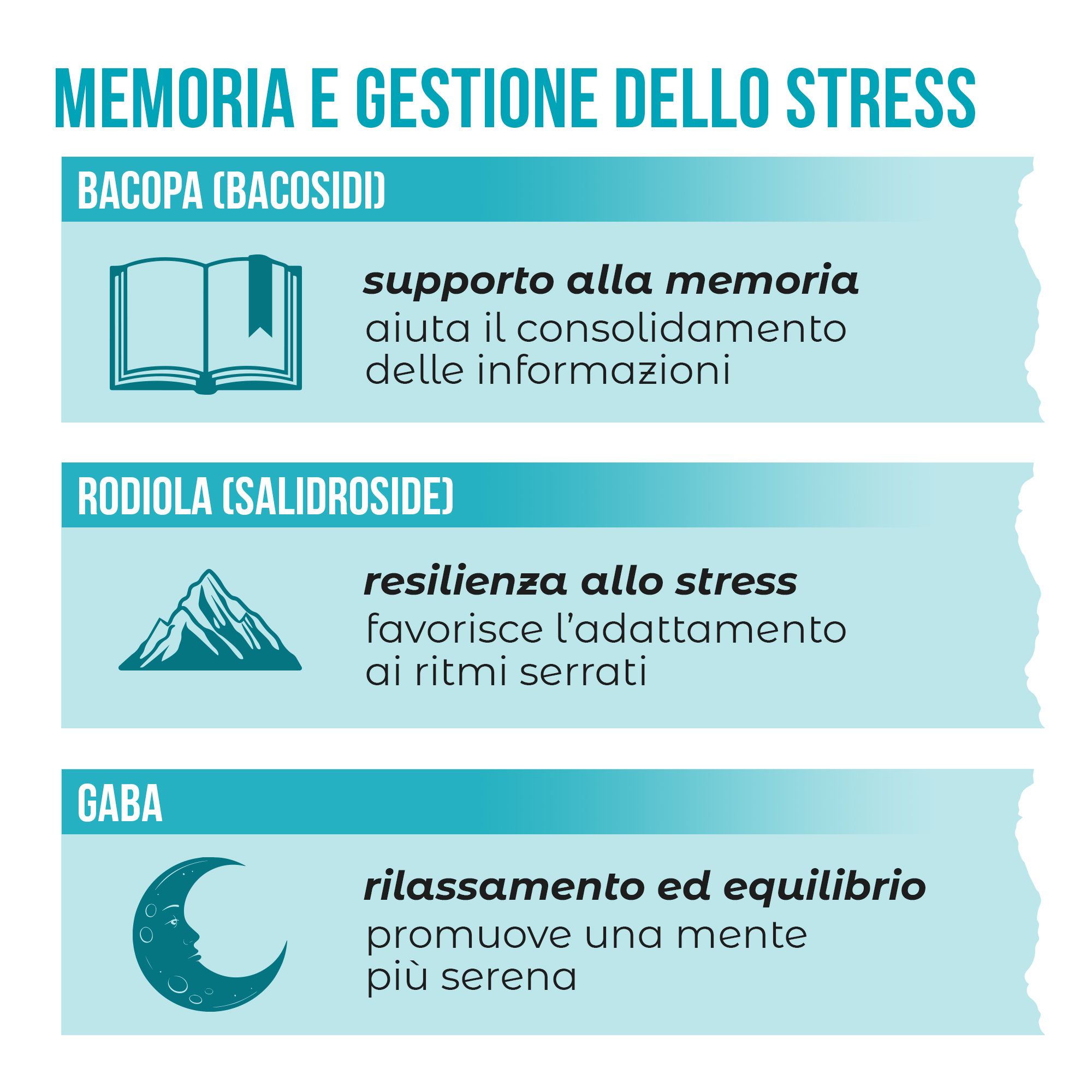 Infografica su memoria e gestione dello stress con icone di libro, montagna e luna.