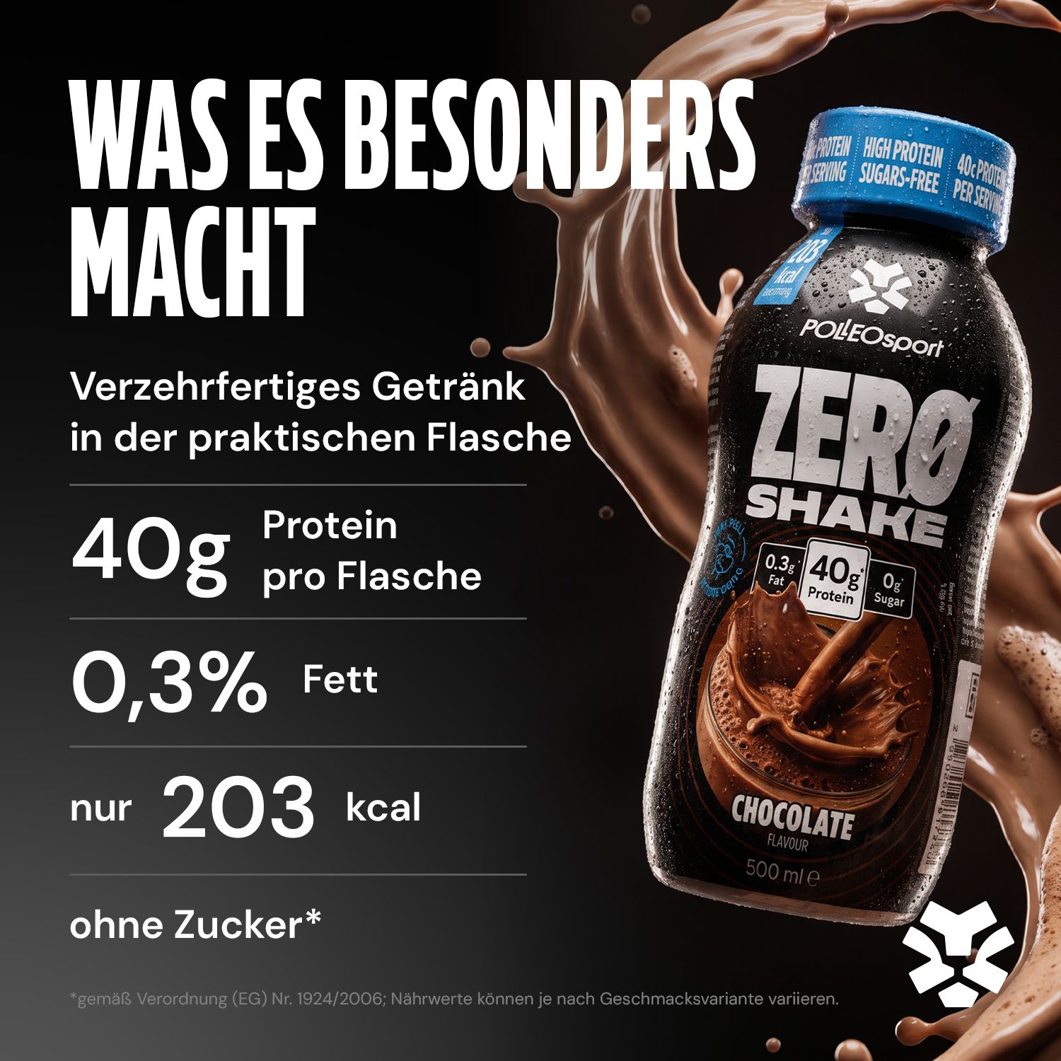 Bottiglia nera "ZERO SHAKE", gusto cioccolato, 40g di proteine, 0,3% grassi, 203 kcal, senza zuccheri.