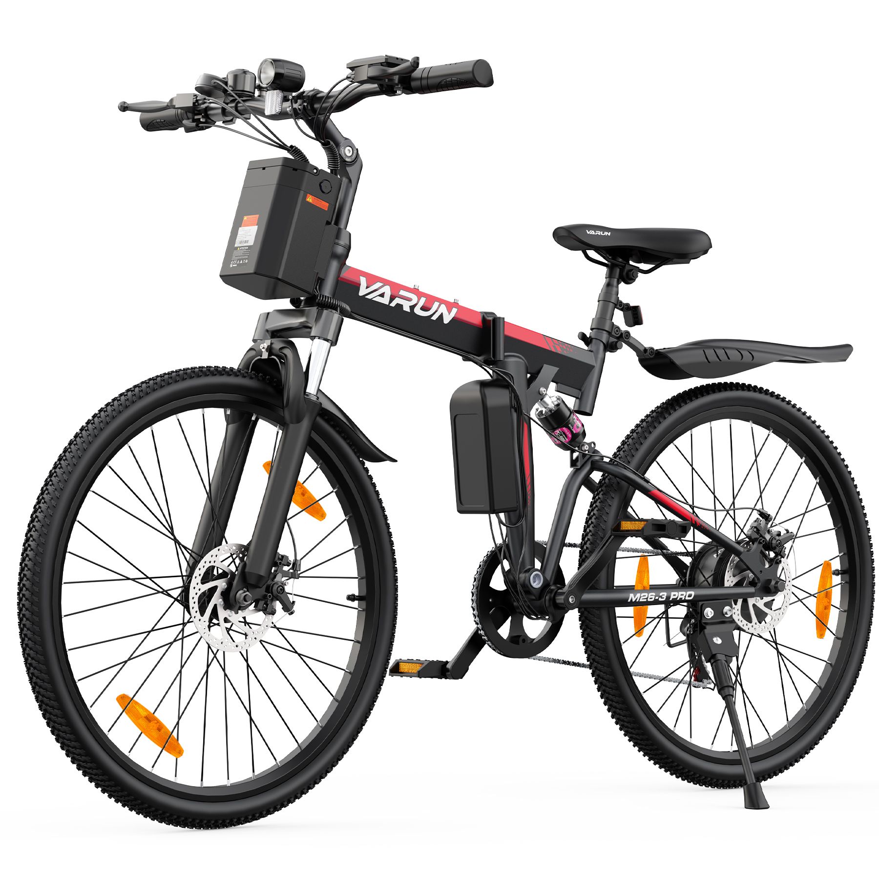 E-bike nero con dettagli rossi. Logo VARUN visibile, sospensioni complete, freni a disco. Design pieghevole.