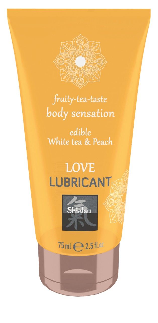 Tubo arancione: Lubrificante Shiatsu Love, Tè bianco e Pesca, 75ml.