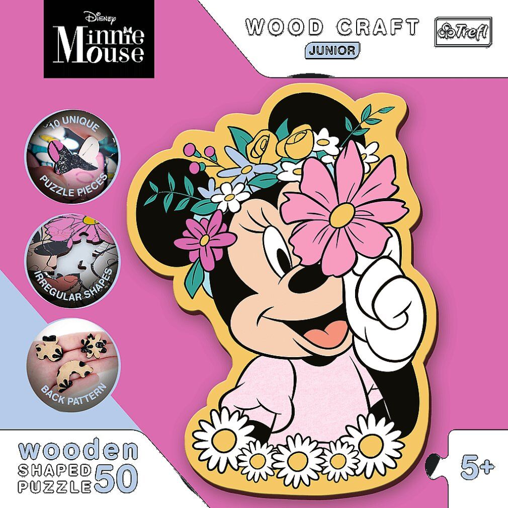 Puzzle in legno di Minnie. 50 pezzi. Immagine del prodotto su sfondo rosa. Loghi ed età consigliata 5+.