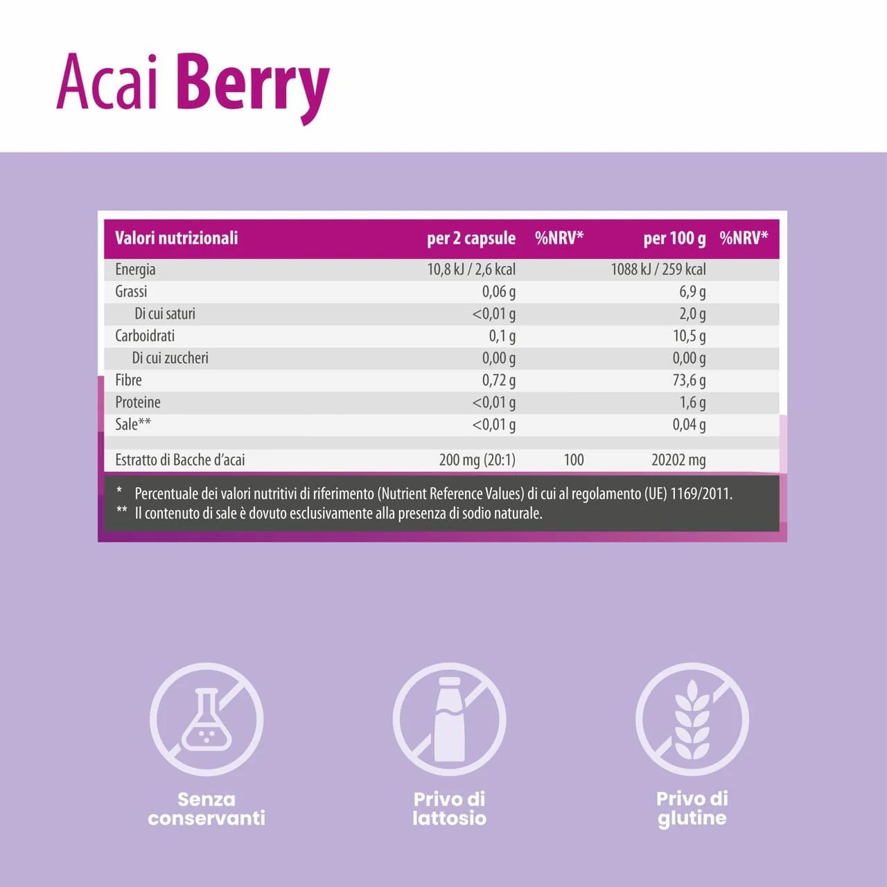 Tabella nutrizionale per Acai Berry. Contiene informazioni su energia, grassi, carboidrati, fibre e sale.