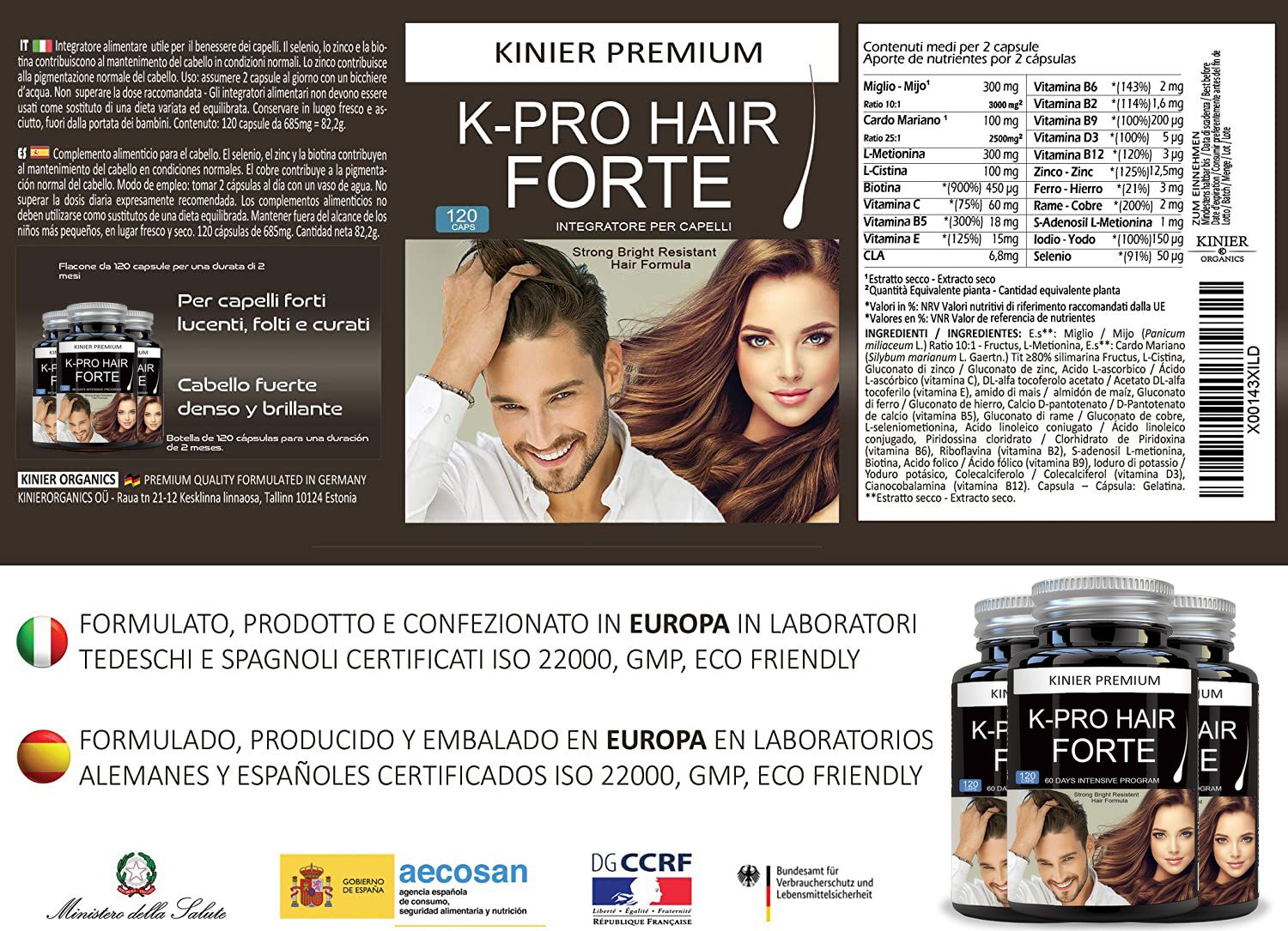 Tre flaconi K-Pro Hair Forte. Informazioni sul prodotto e illustrazioni. Certificazioni e loghi.