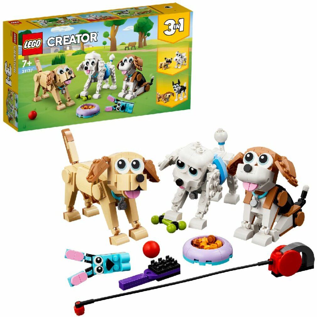 LEGO Creator 31137. Set 3 in 1. Modelli di cani: Bassotto, Barboncino, Beagle. Accessori: palla, osso, ciotola, guinzaglio. 7+.