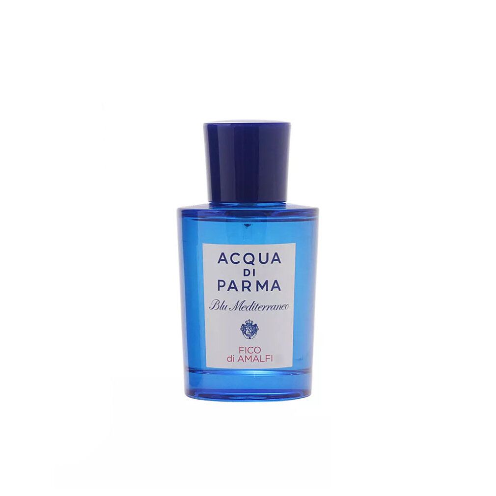 Flacone blu con tappo blu. Scritta: Acqua Di Parma, Blu Mediterraneo, Fico di Amalfi.