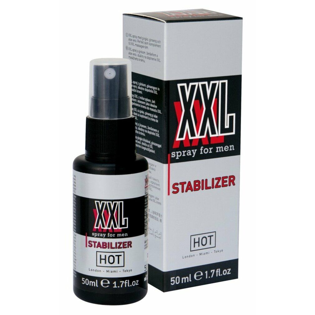 Flacone spray nero con confezione. Scritta: XXL Stabilizer, 50ml, HOT. Contenuto visibile.