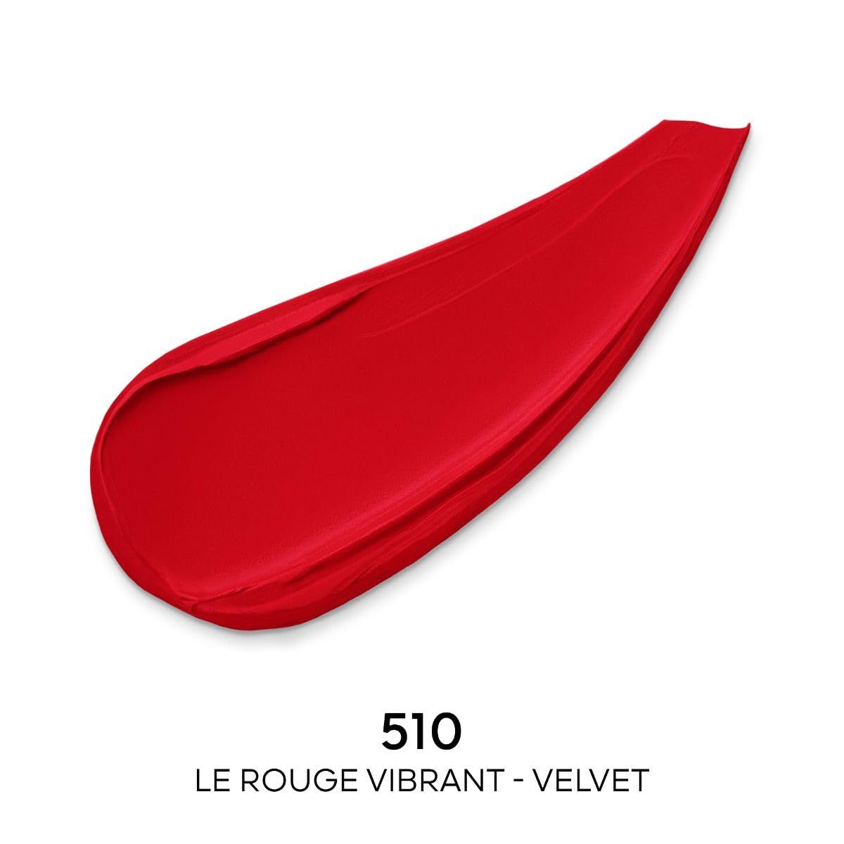 Campione di rossetto rosso. Testo: 510, Le Rouge Vibrant - Velvet.