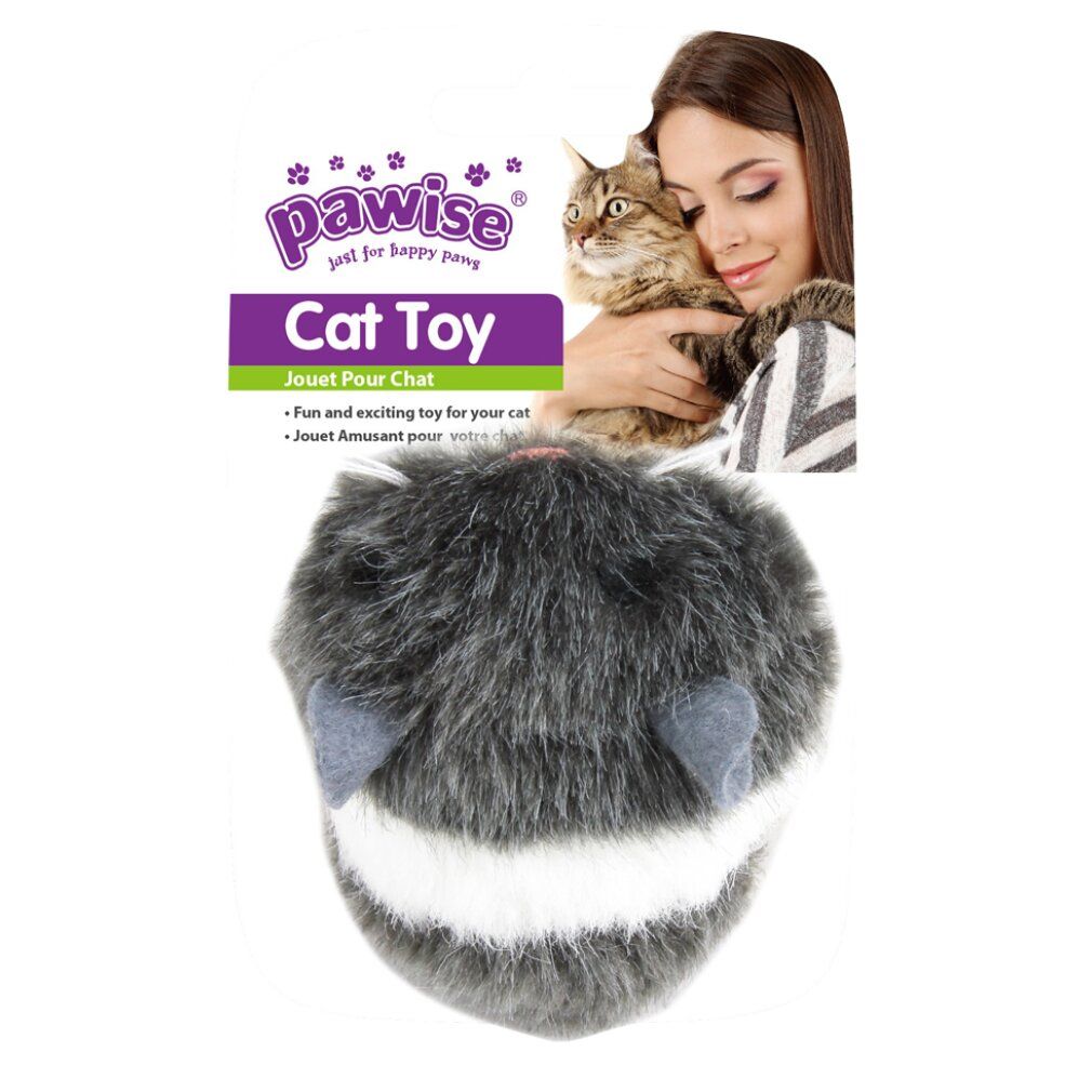 Giocattolo per gatti con confezione. Grigio e bianco, con orecchie. Confezione con logo e donna con gatto.