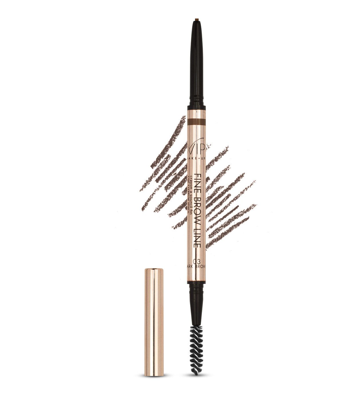 Una matita per sopracciglia sottile e retrattile con spazzolino spoolie e cappuccio dorato. Include la scritta 'FINE BROW LINE'.