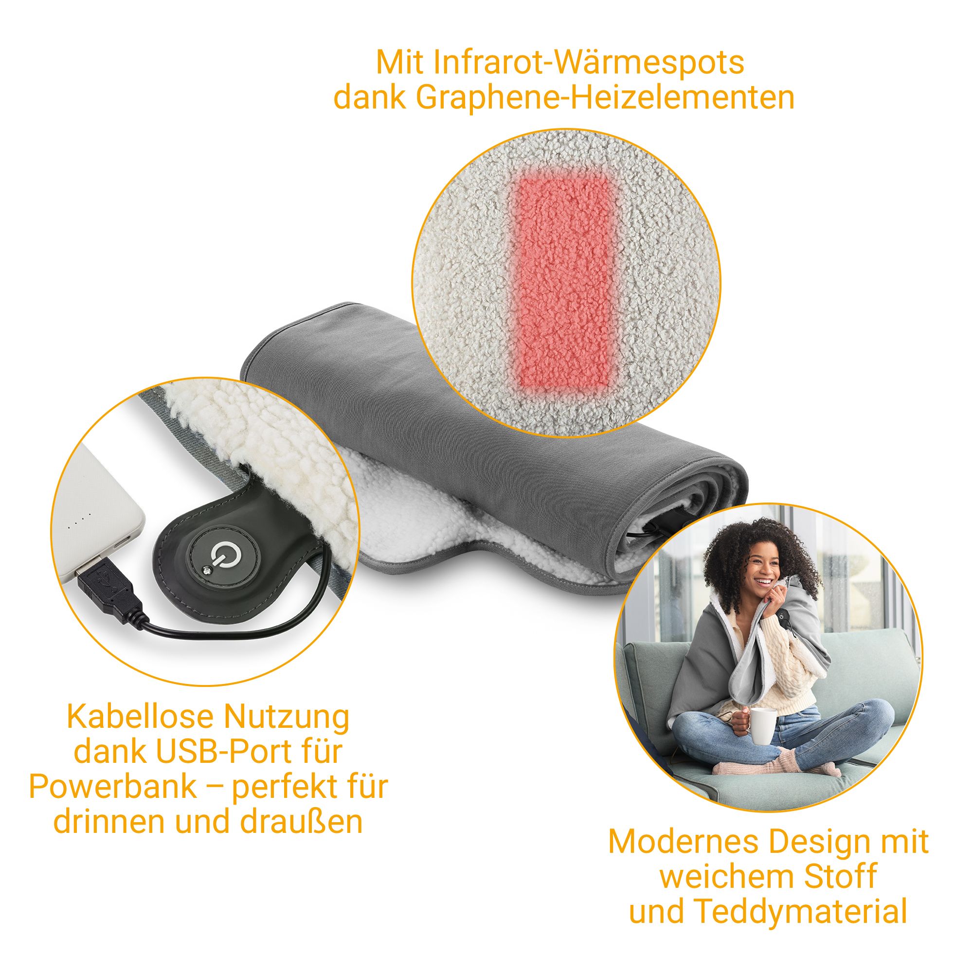 Coprisedile grigio con porta USB, elementi riscaldanti in grafene e fodera in teddy.