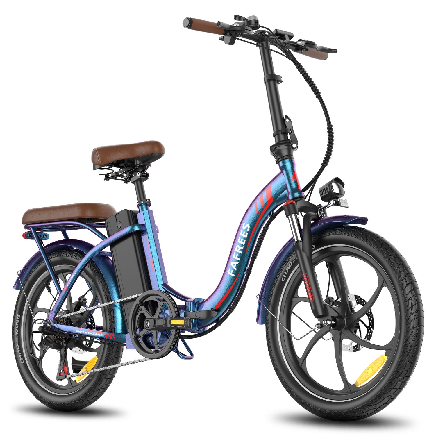 E-bike pieghevole, blu-viola. Sella e portapacchi marroni. Pneumatici e cerchi neri. Marchio FAFREES.