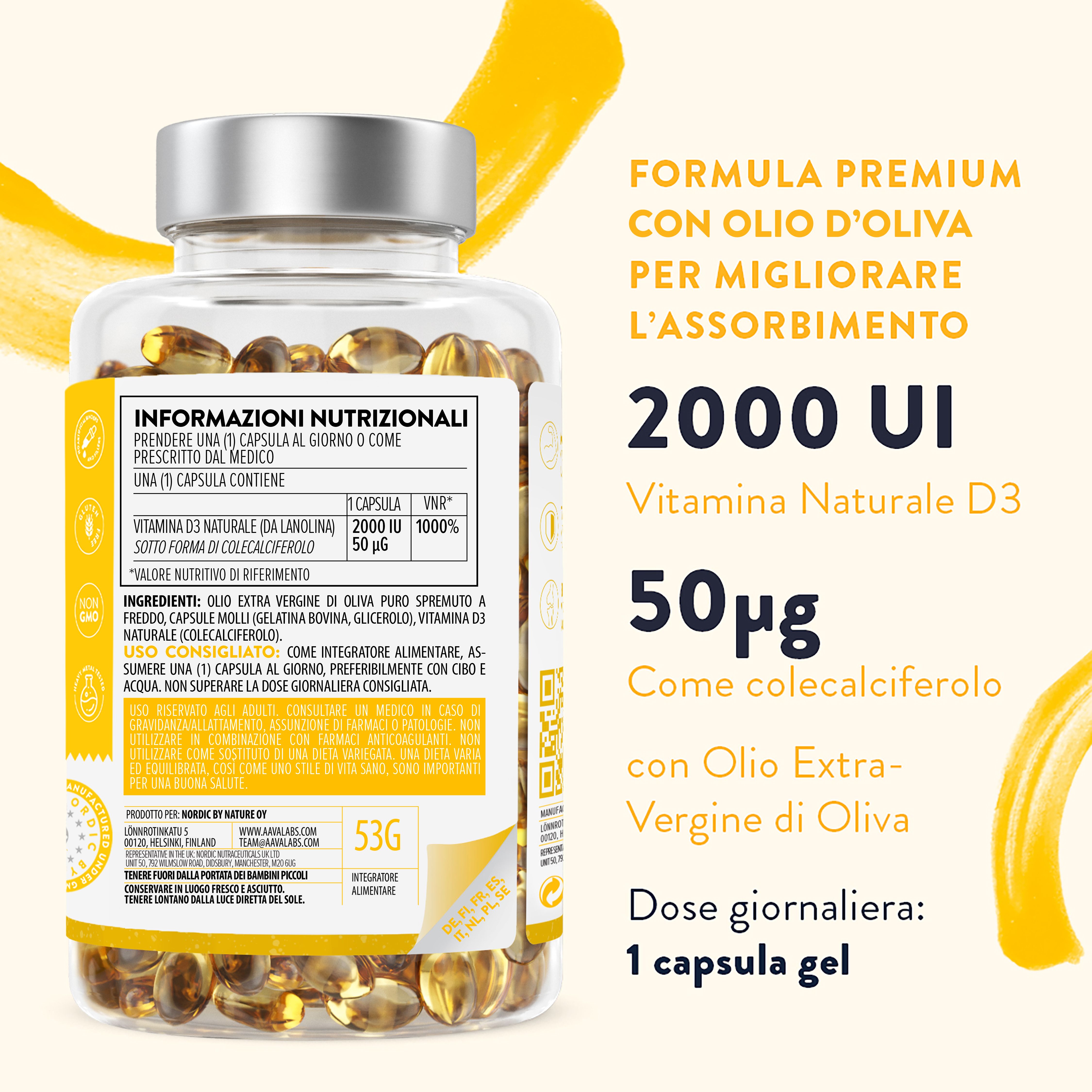 Flacone con capsule gialle. Testo: Formula premium con olio d'oliva. 2000 UI Vitamina D3, 50 µg.
